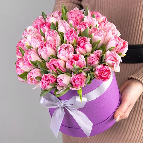 Композиция из 35 Розовых Пионовидных Тюльпанов в коробке