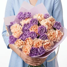 29 Кремово-Сиреневых Гвоздик в упаковке