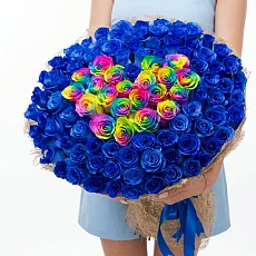 101 Синяя и Радужная Роза сердце