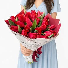 Букет 27 рубиновых тюльпанов