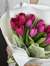 11 Малиновых Тюльпанов в упаковке