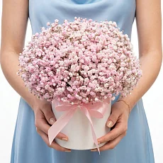 Нежная розовая гипсофила в шляпной коробке