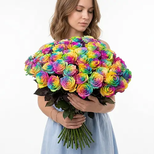Букет из 51 розы радужного цвета