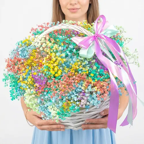 25 Разноцветных Гипсофил в корзине
