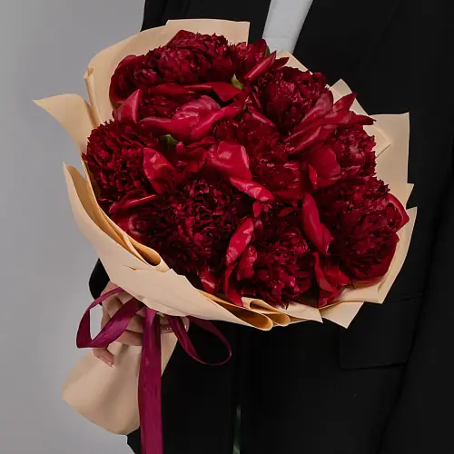 9 Красных Пионов в упаковке