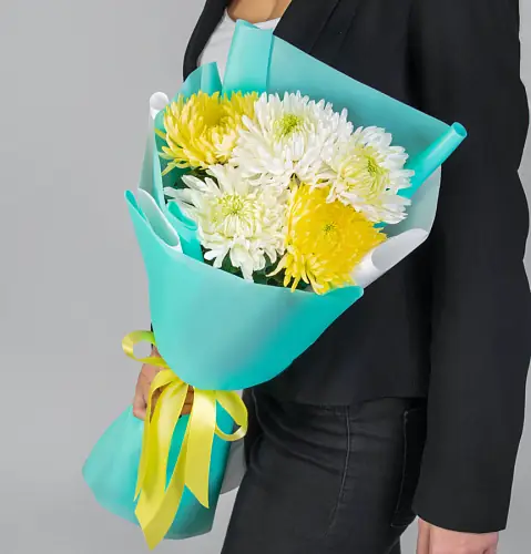 5 Бело-Желтых Игольчатых Хризантем