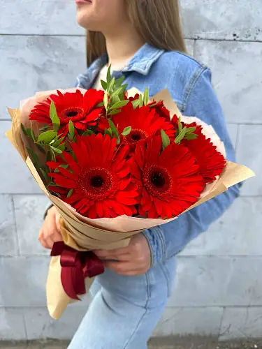 Букет живых цветов из 7 Красных гербер с зеленью