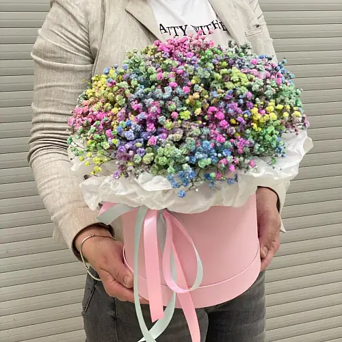 Радужная гипсофила в розовой коробке 