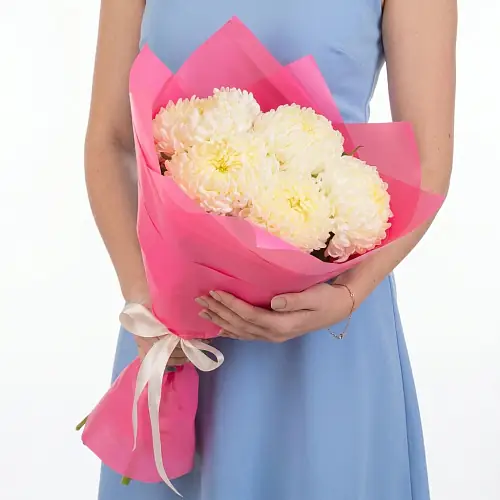 Кремовые Хризантемы в Розовой упаковке