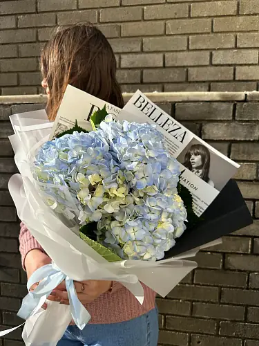 Букет живых цветов из 3 голубых гортензий